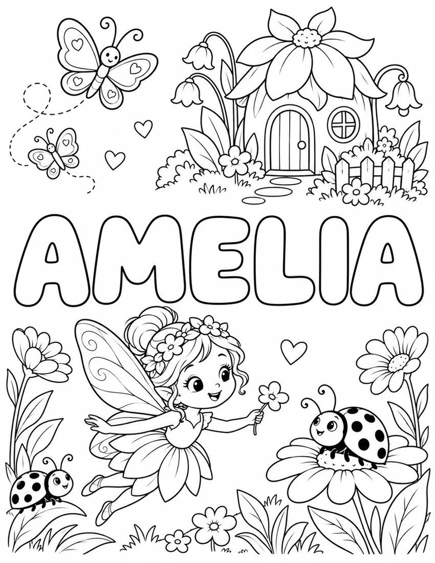 AMELIA in hollow bubble letters with fairy flying beside a flower cottage and ladybugs