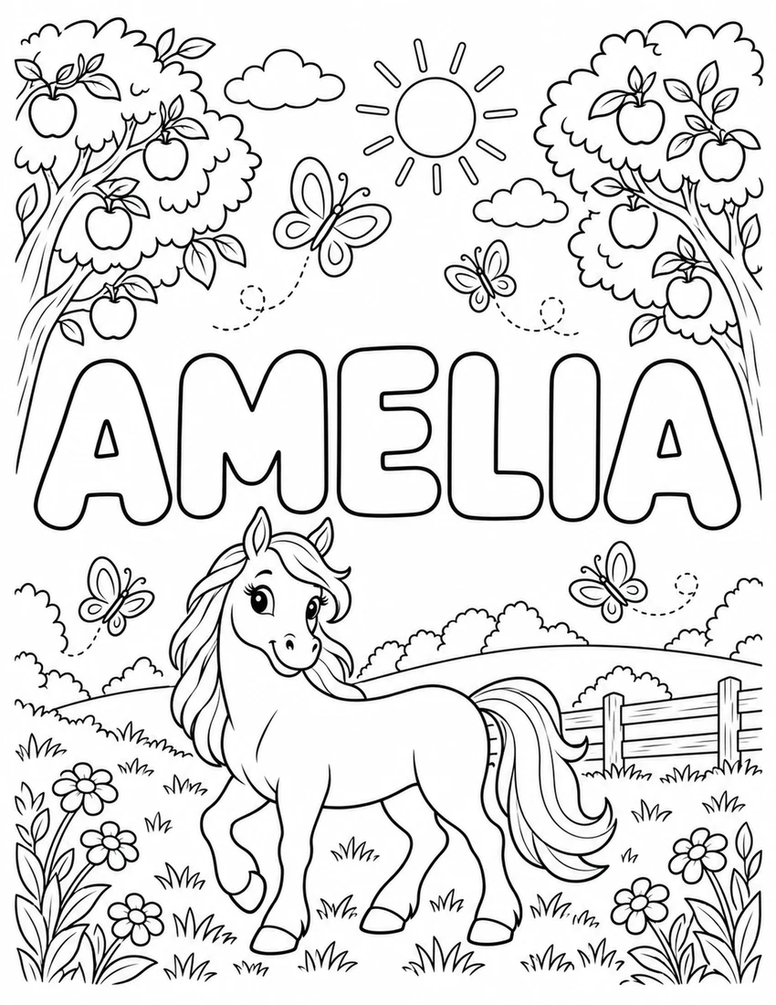 AMELIA in hollow bubble letters with horse in a meadow with apple trees and butterflies