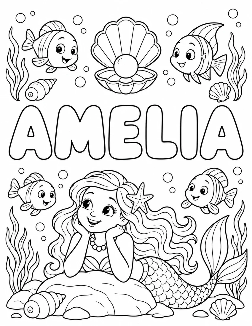 AMELIA in hollow bubble letters with mermaid with a pearl necklace, shells and friendly fish