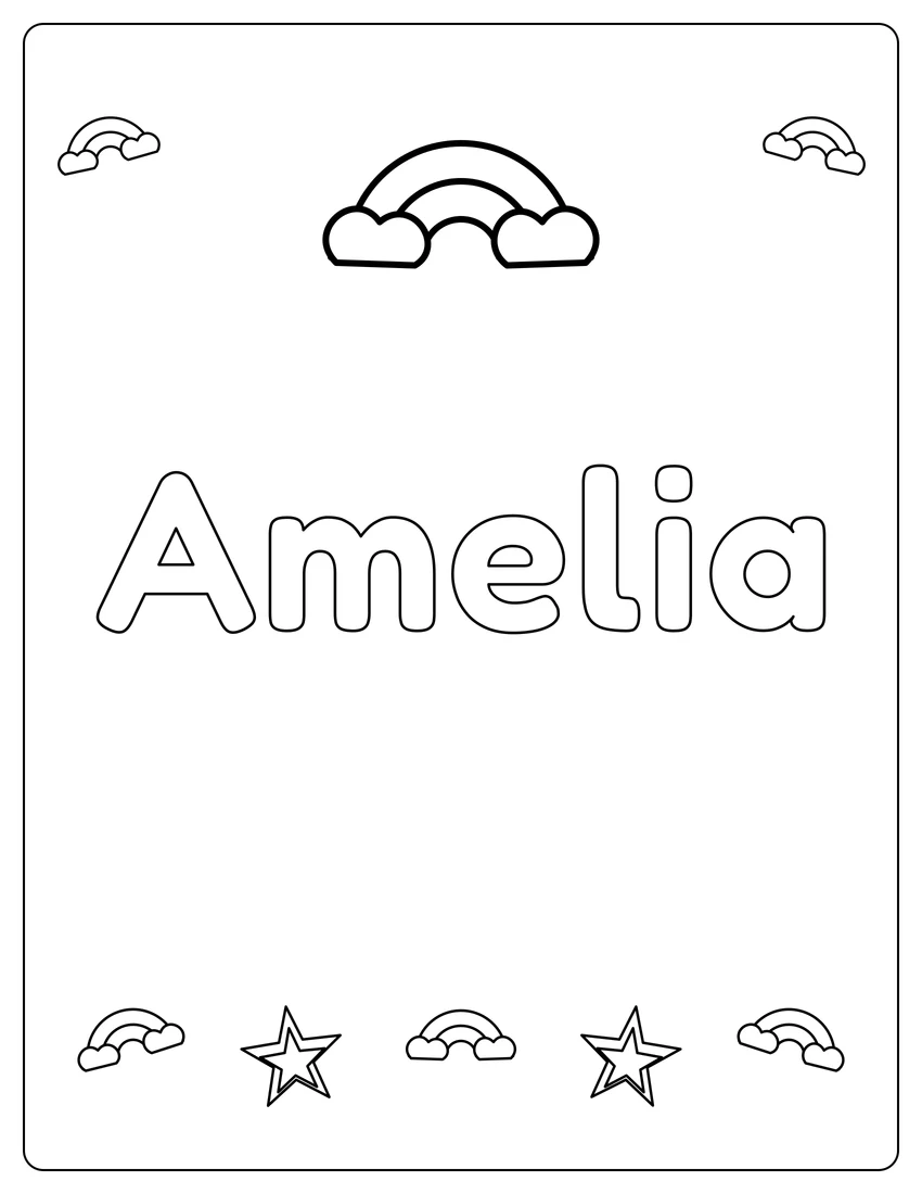 Amelia name coloring page with rainbow bubble letters and open outlined letters