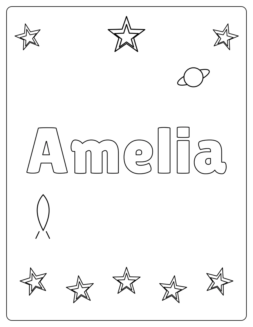 Amelia name coloring page with space & planets and open outlined letters