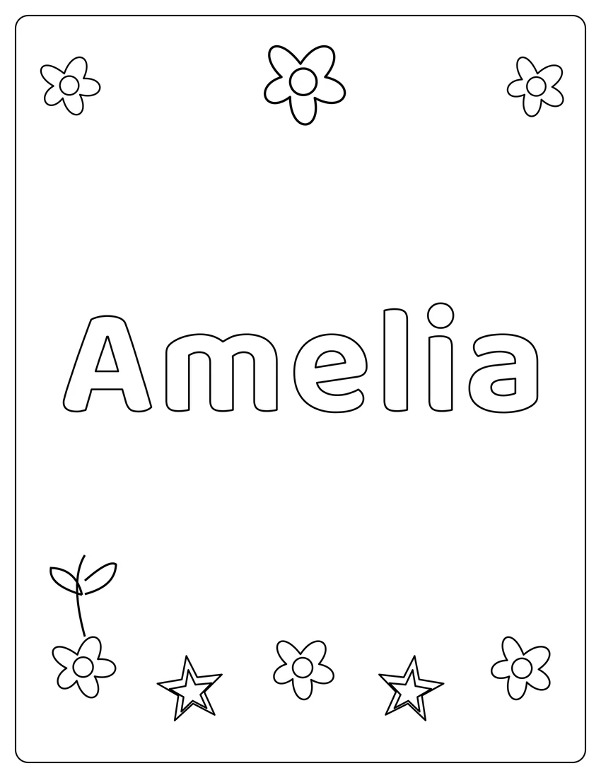 Amelia name coloring page with flower garden and open outlined letters