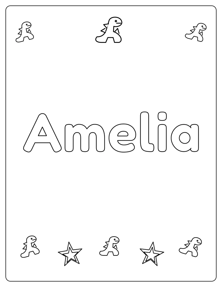 Amelia name coloring page with dinosaur friends and open outlined letters
