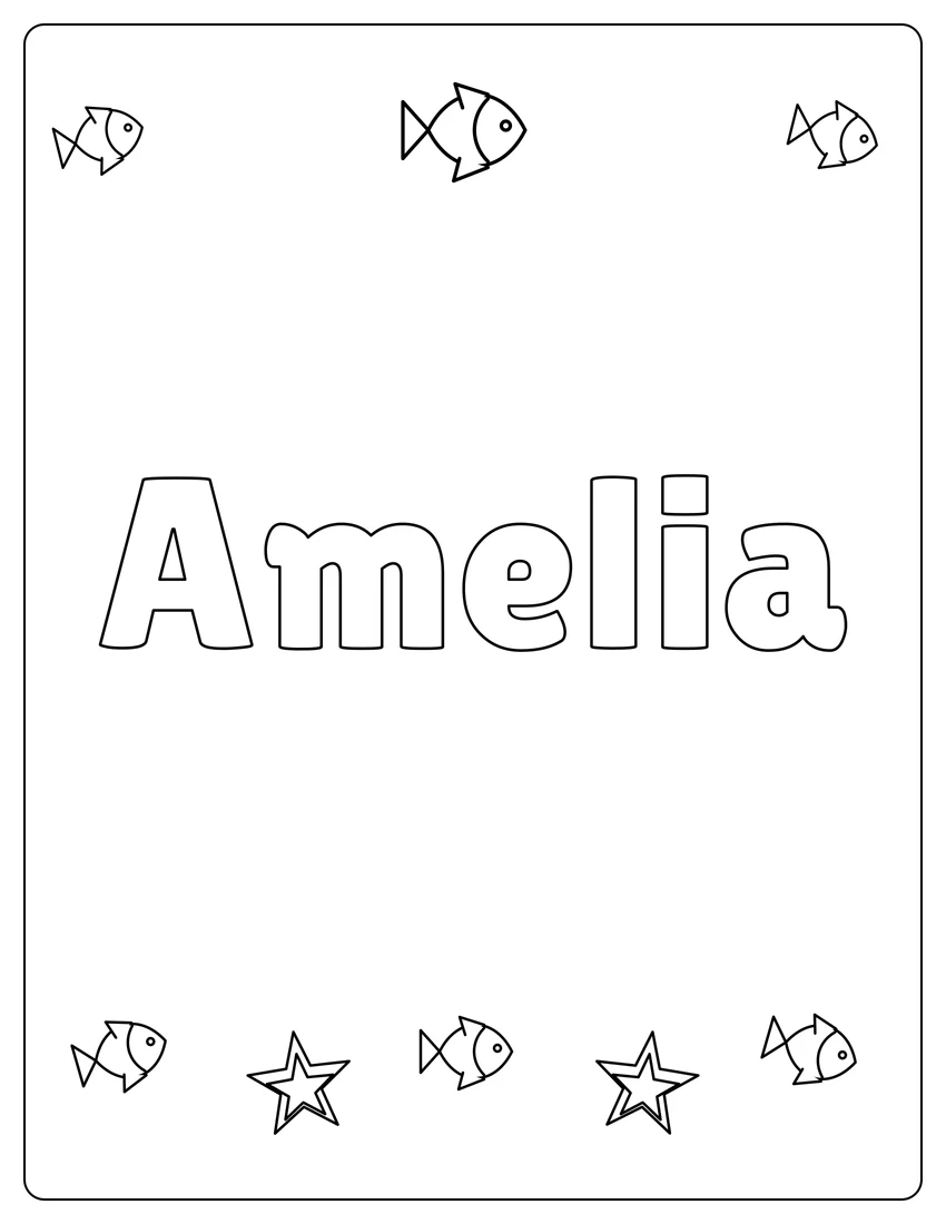 Amelia name coloring page with under the sea and open outlined letters