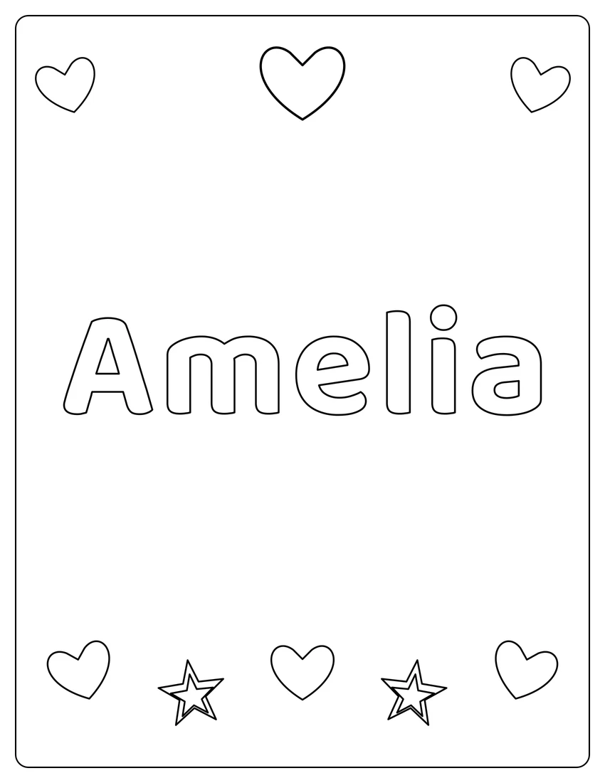 Amelia name coloring page with hearts & love and open outlined letters