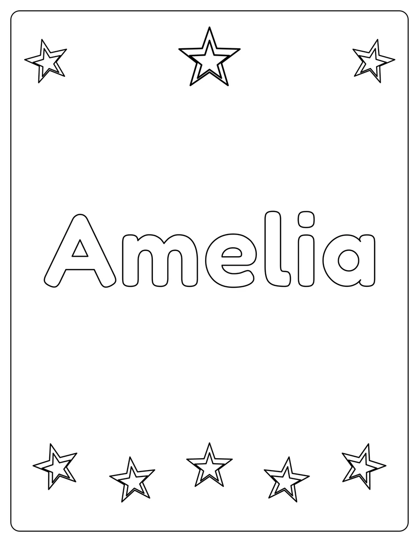 Amelia name coloring page with superstar name and open outlined letters