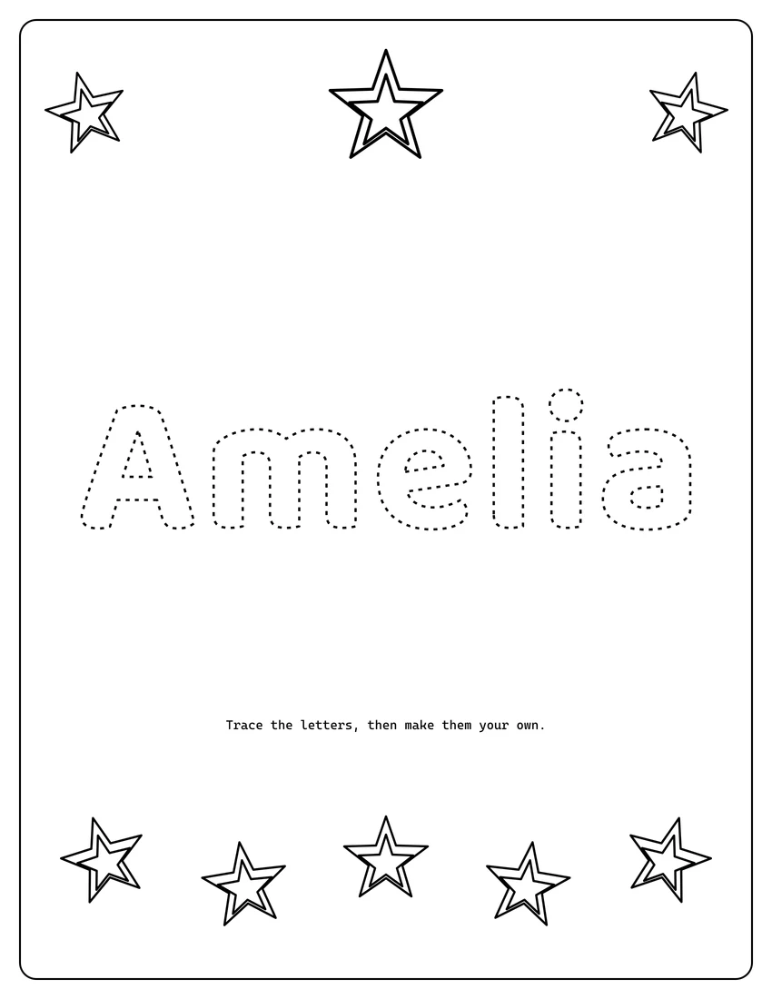 Amelia name coloring page with decorative name tracing and dashed letters