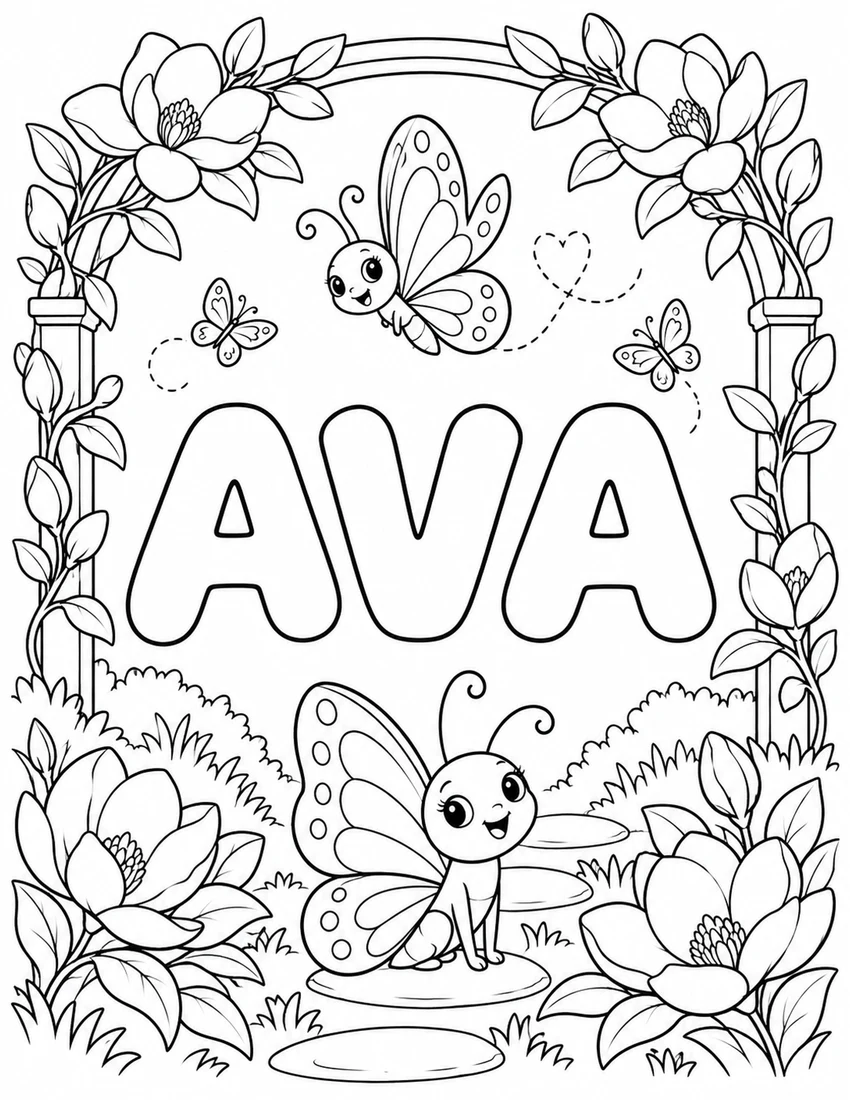 AVA in hollow bubble letters with butterfly, magnolia blossoms and a garden arch