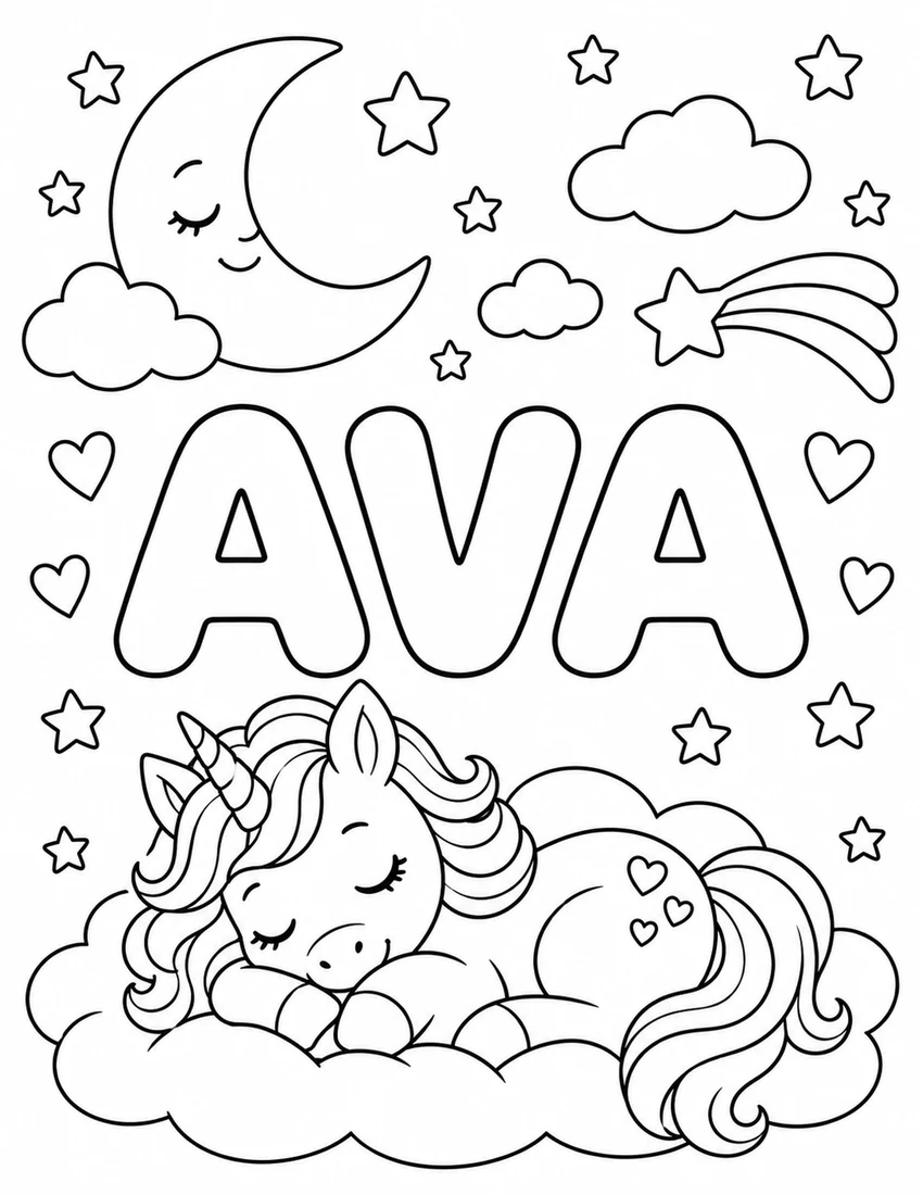 AVA in hollow bubble letters with unicorn sleeping beneath a crescent moon and stars