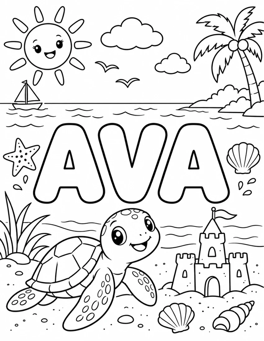 AVA in hollow bubble letters with sunny beach with a turtle, sandcastle and shells