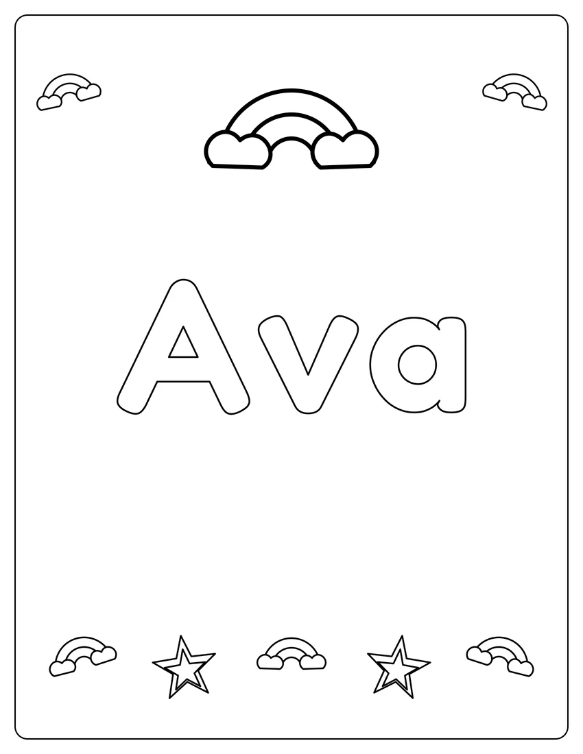 Ava name coloring page with rainbow bubble letters and open outlined letters