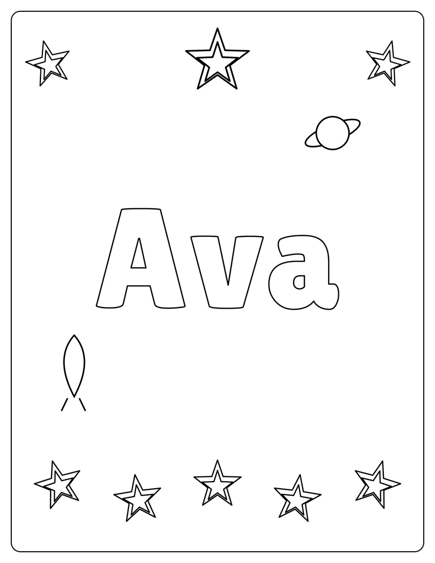 Ava name coloring page with space & planets and open outlined letters