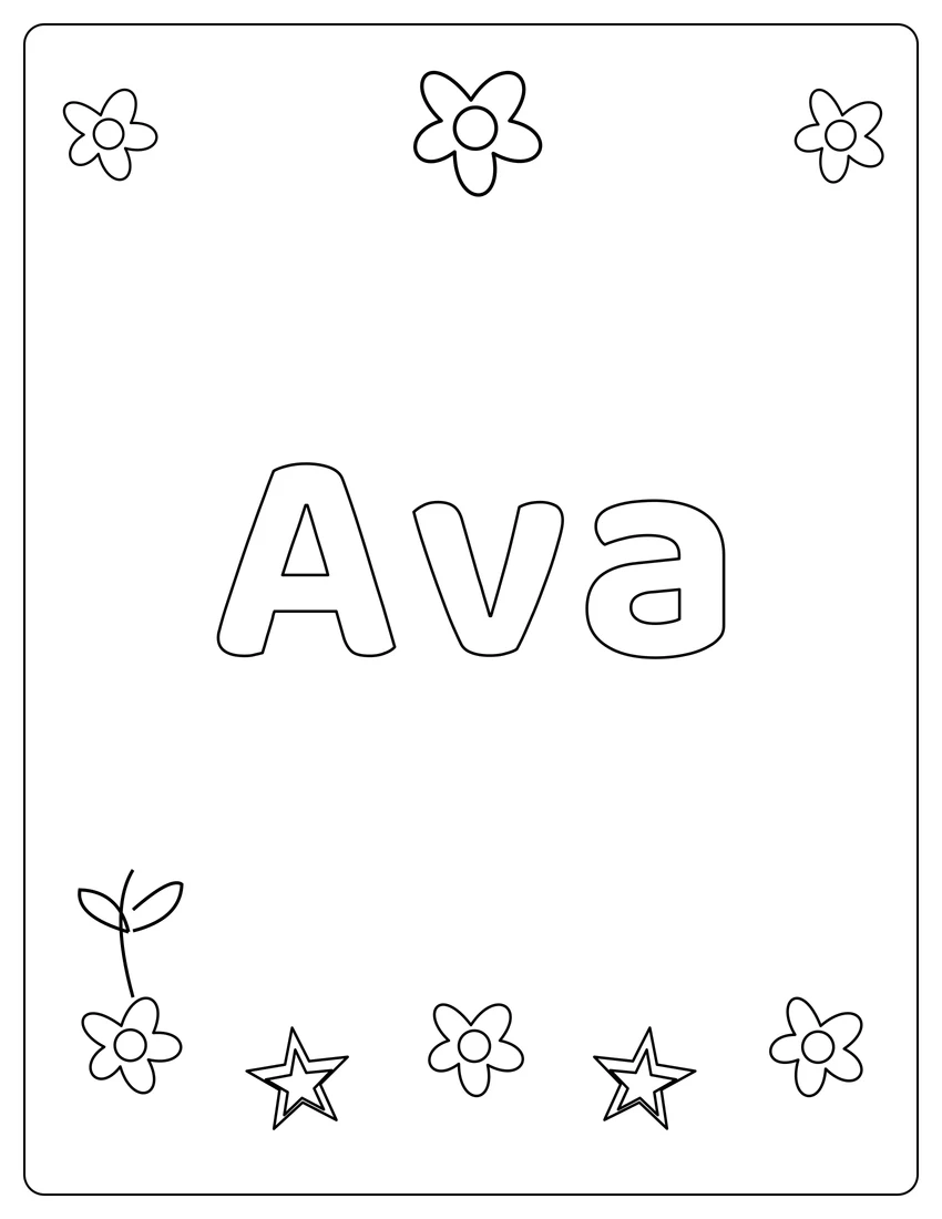 Ava name coloring page with flower garden and open outlined letters