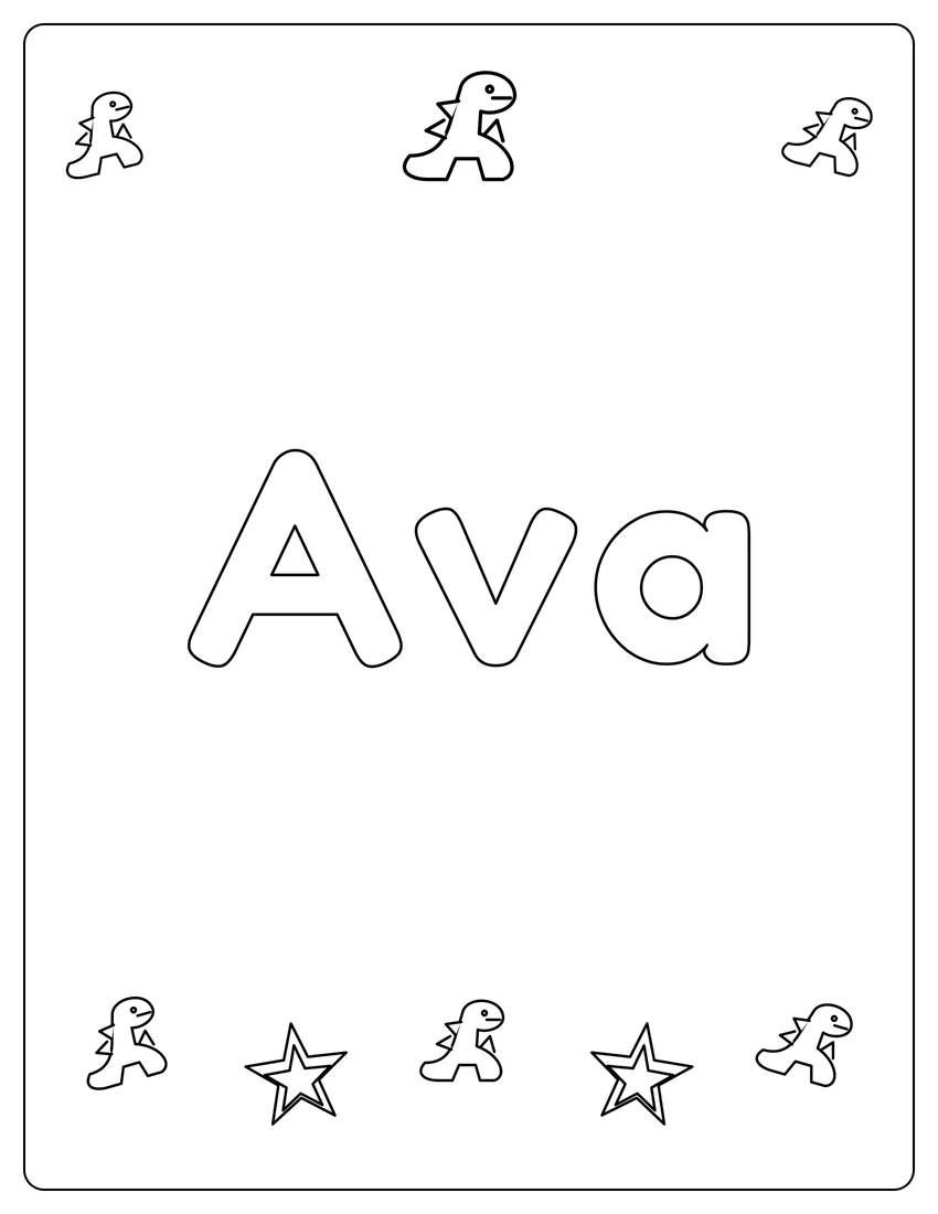 Ava name coloring page with dinosaur friends and open outlined letters
