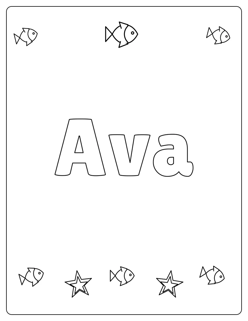 Ava name coloring page with under the sea and open outlined letters