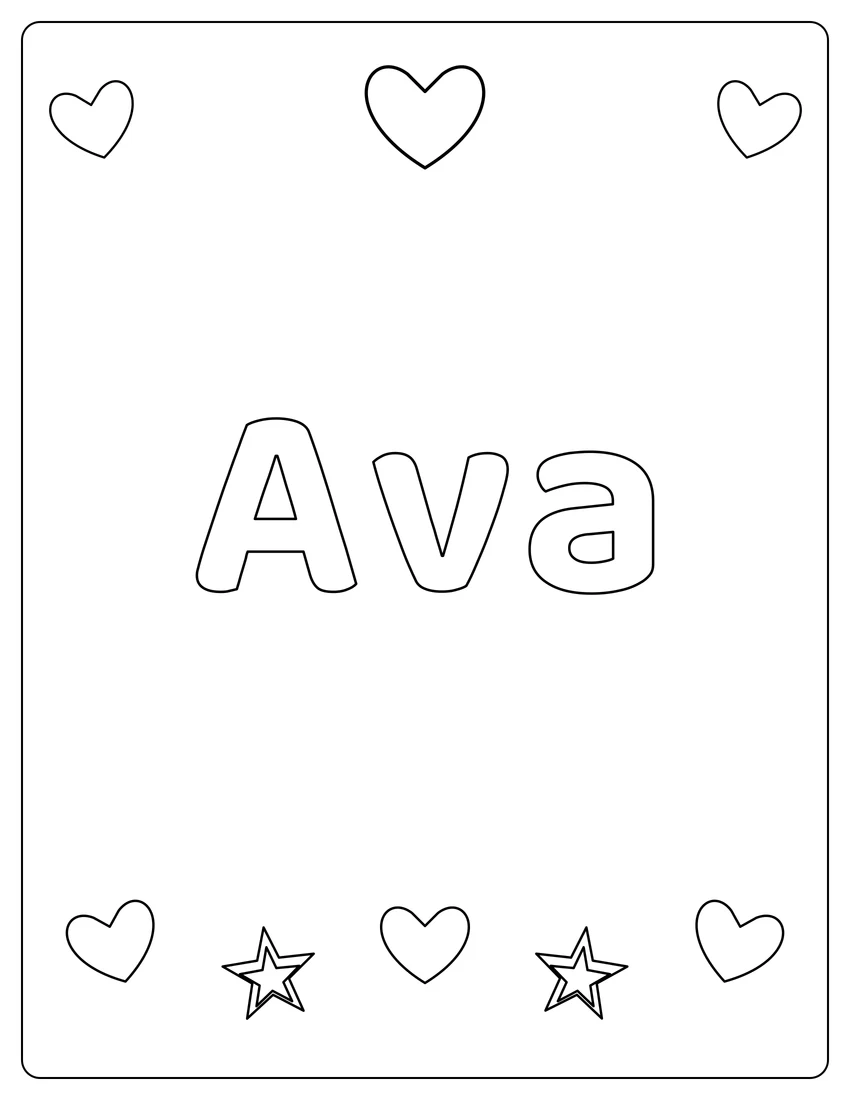 Ava name coloring page with hearts & love and open outlined letters