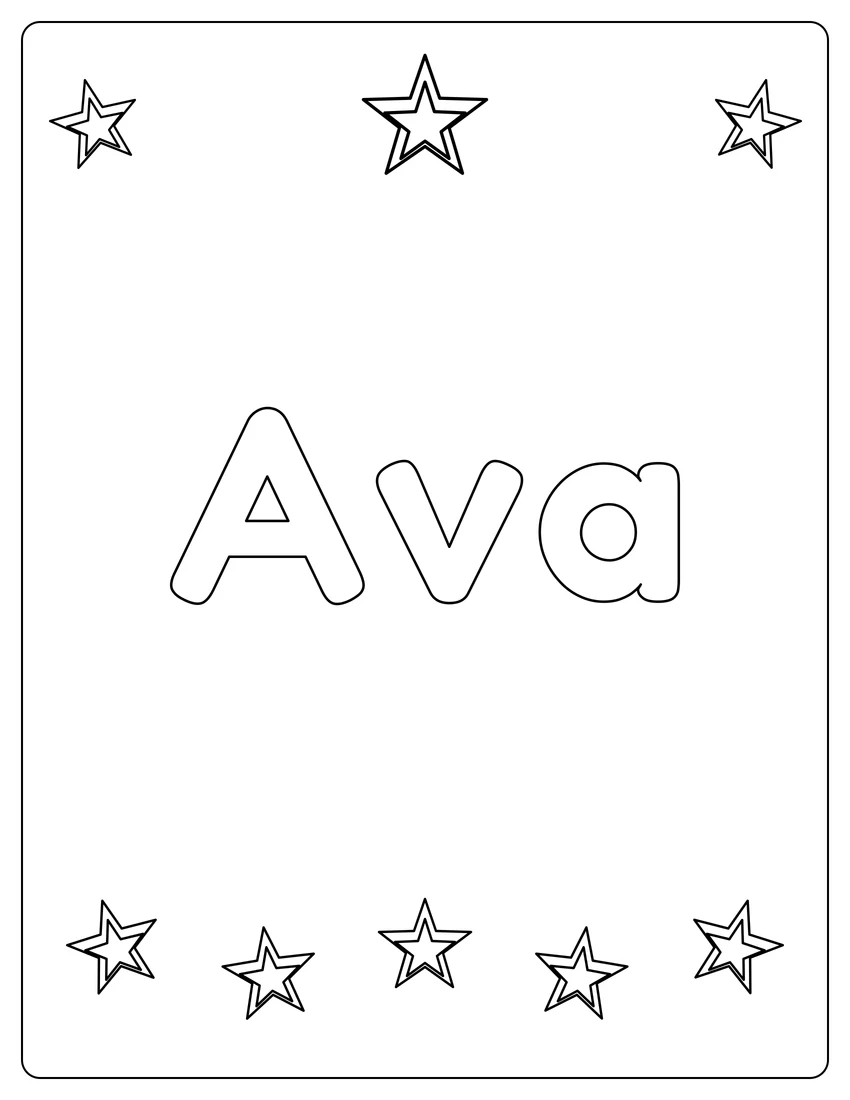 Ava name coloring page with superstar name and open outlined letters