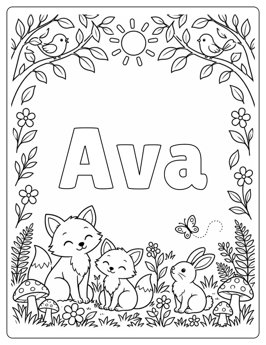 Ava name coloring page with woodland name and open outlined letters