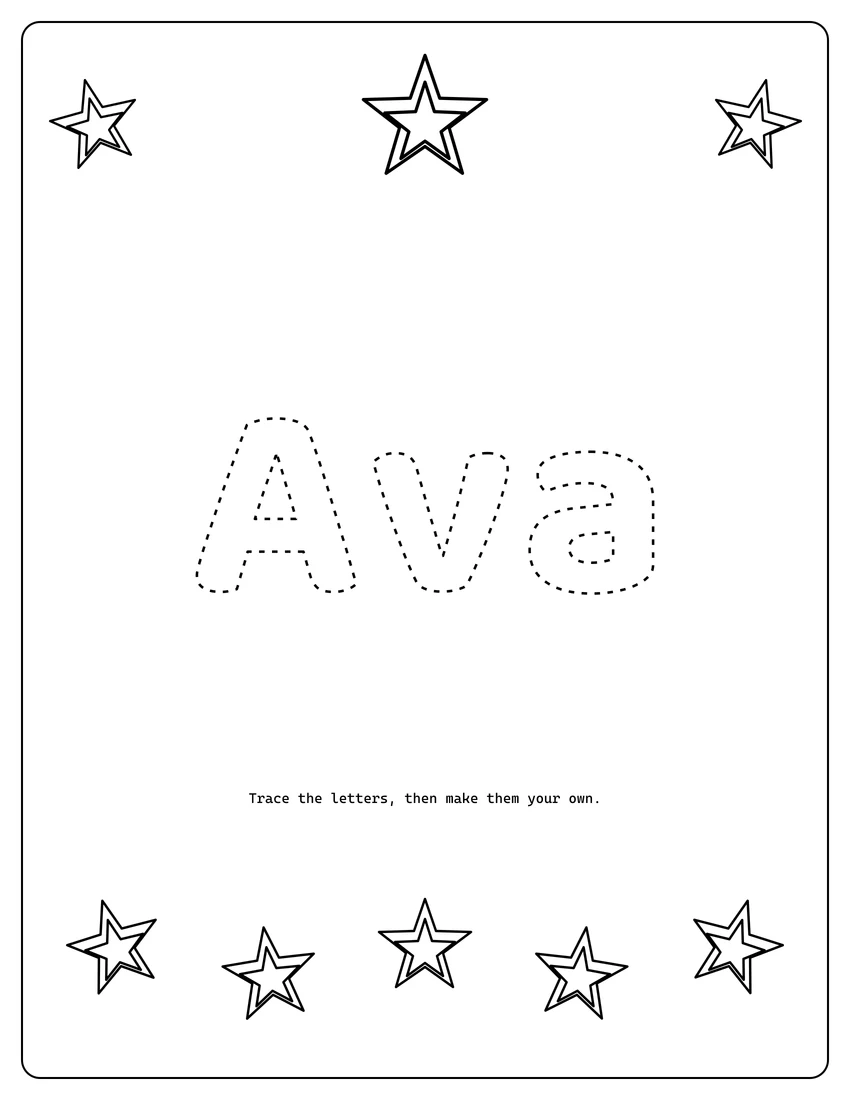 Ava name coloring page with decorative name tracing and dashed letters