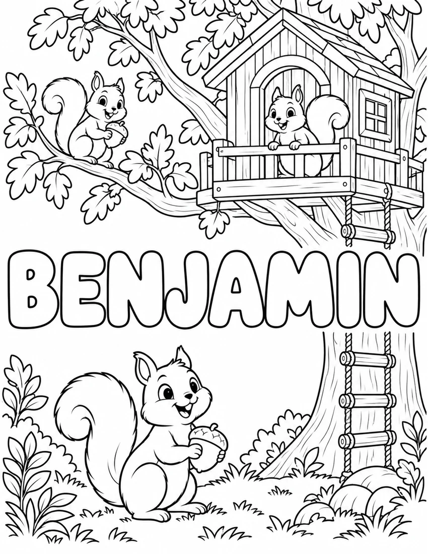 BENJAMIN in hollow bubble letters with tree house, rope ladder, squirrels and leafy branches