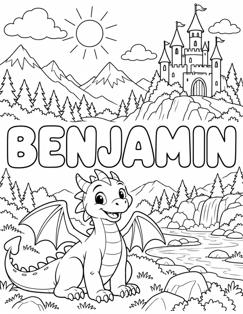 BENJAMIN in hollow bubble letters with friendly dragon in a mountain valley with a castle