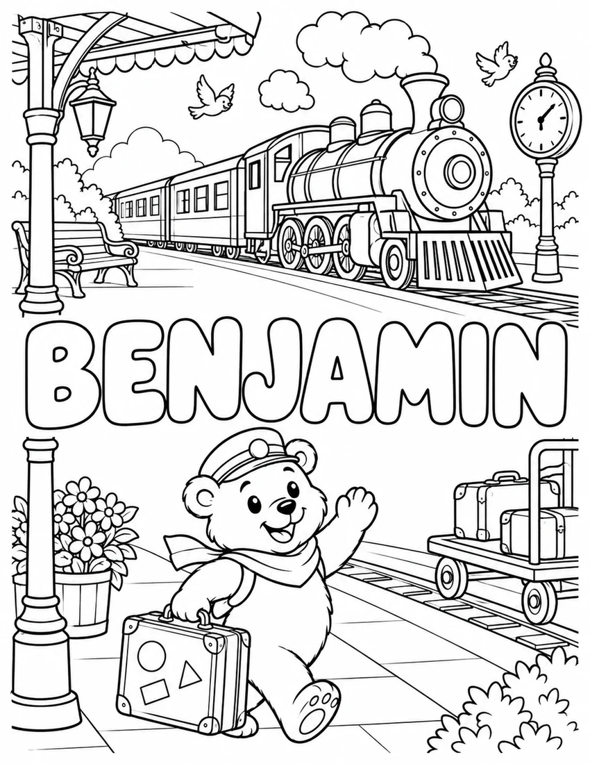 BENJAMIN in hollow bubble letters with train station, steam train and suitcase-carrying bear