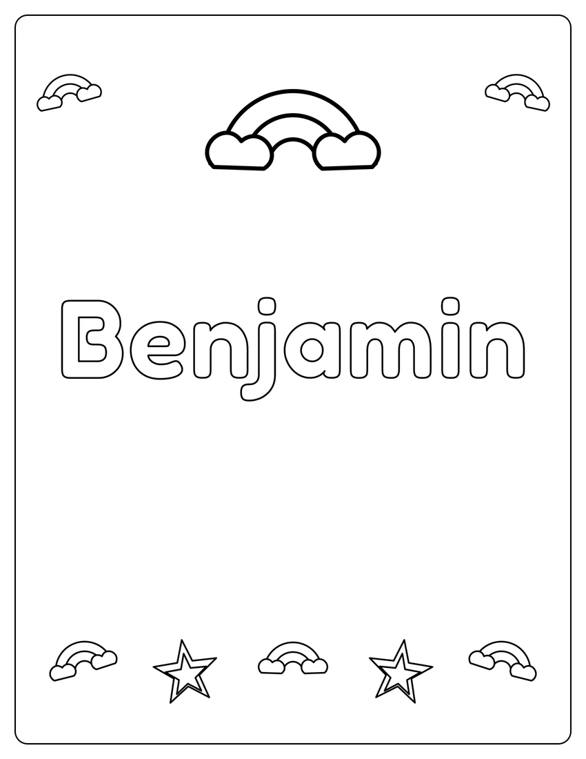Benjamin name coloring page with rainbow bubble letters and open outlined letters