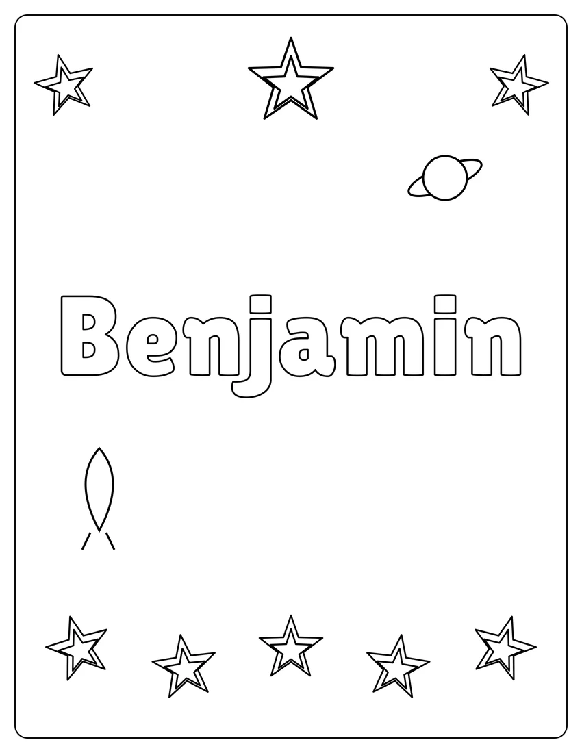 Benjamin name coloring page with space & planets and open outlined letters