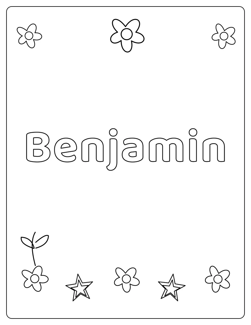 Benjamin name coloring page with flower garden and open outlined letters