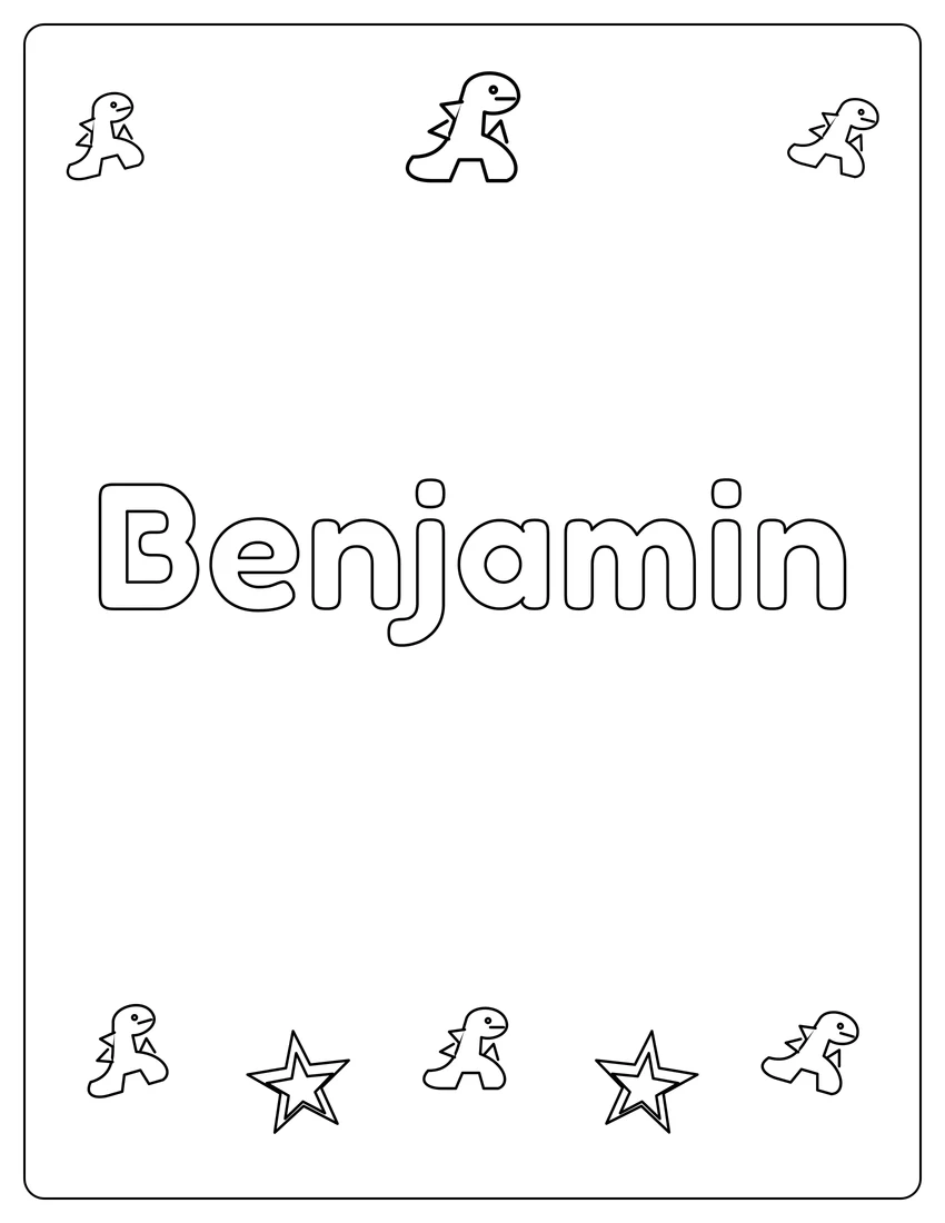 Benjamin name coloring page with dinosaur friends and open outlined letters