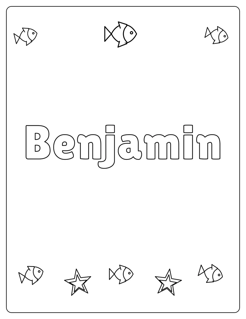Benjamin name coloring page with under the sea and open outlined letters