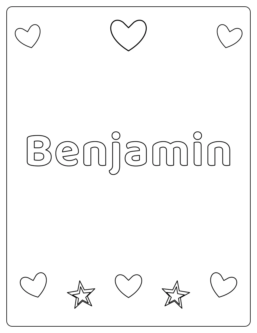 Benjamin name coloring page with hearts & love and open outlined letters