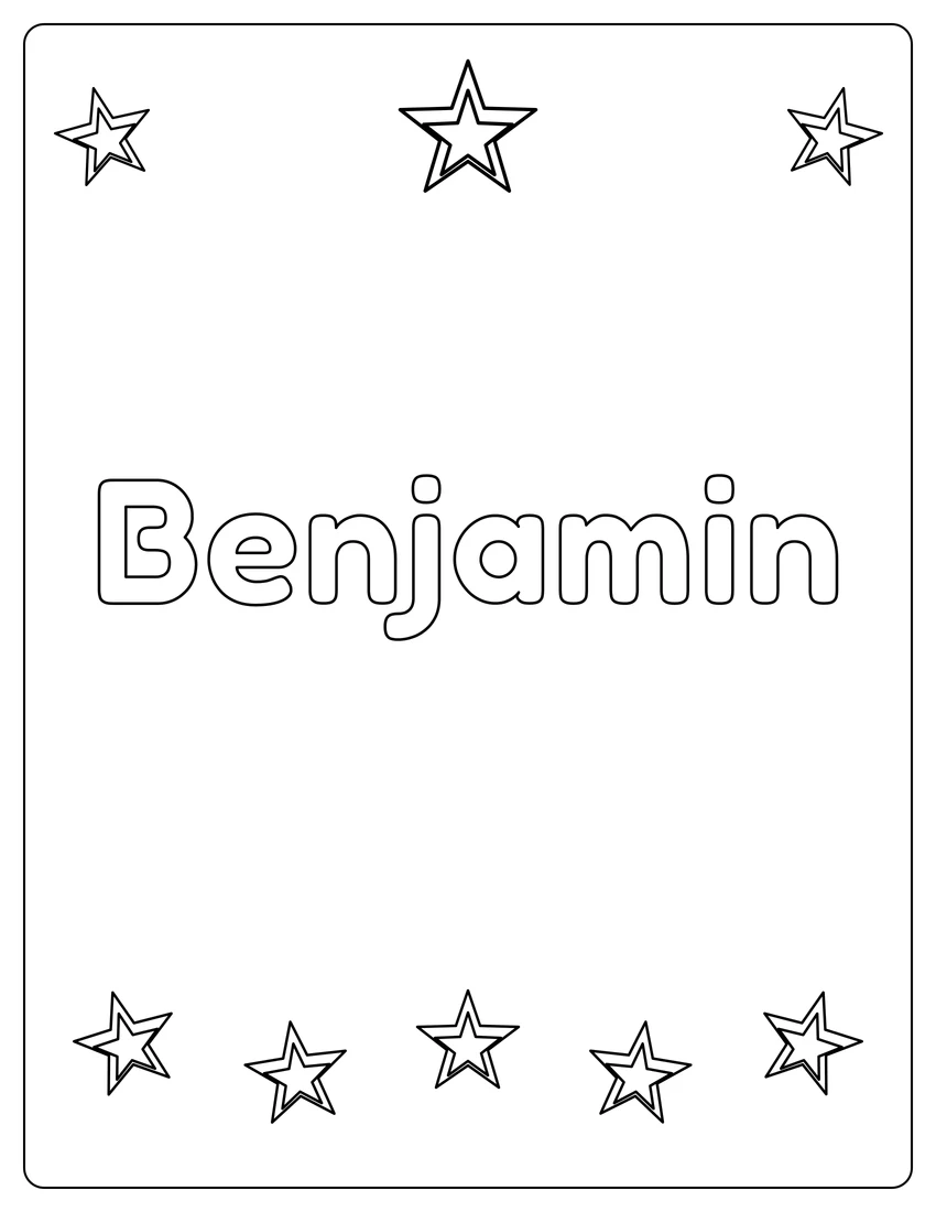 Benjamin name coloring page with superstar name and open outlined letters