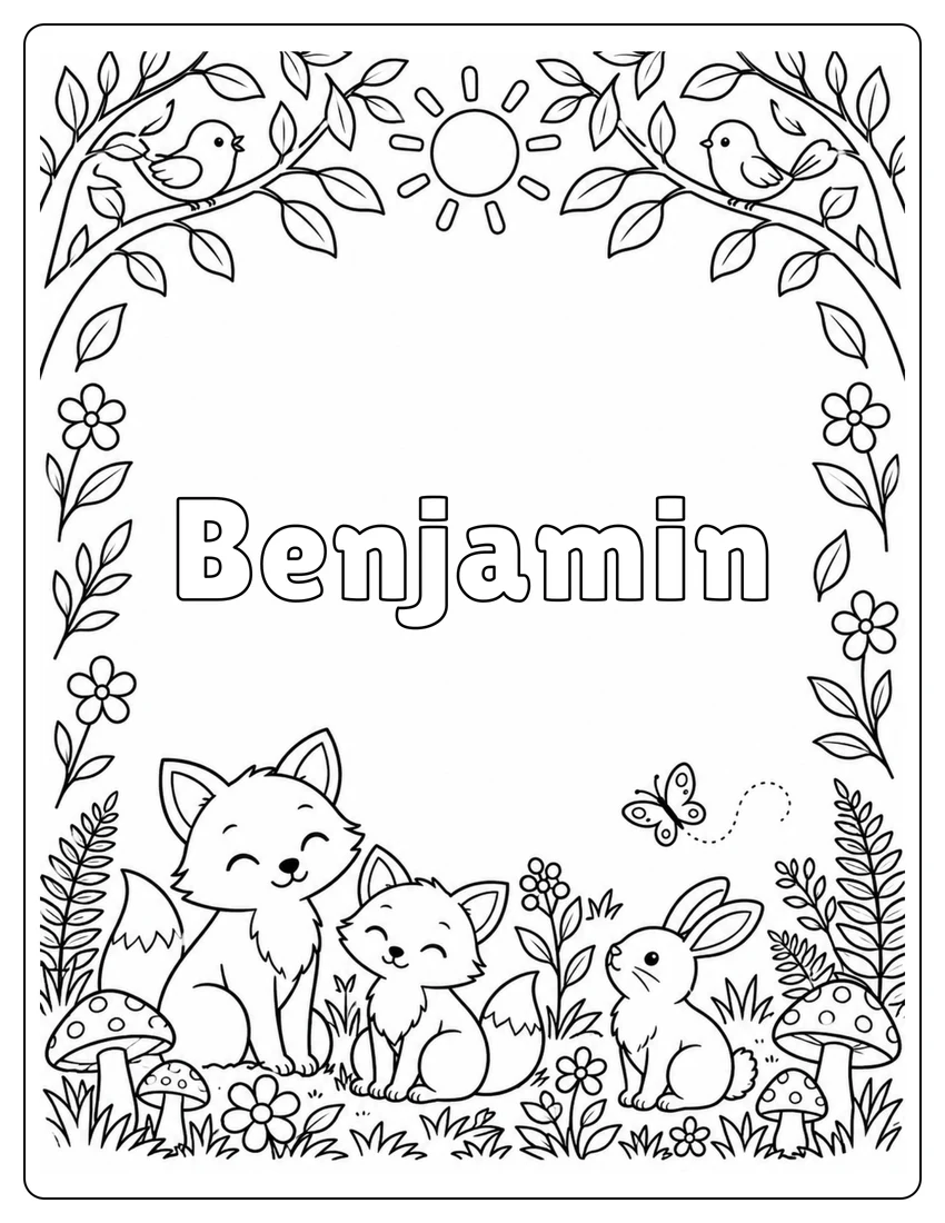 Benjamin name coloring page with woodland name and open outlined letters