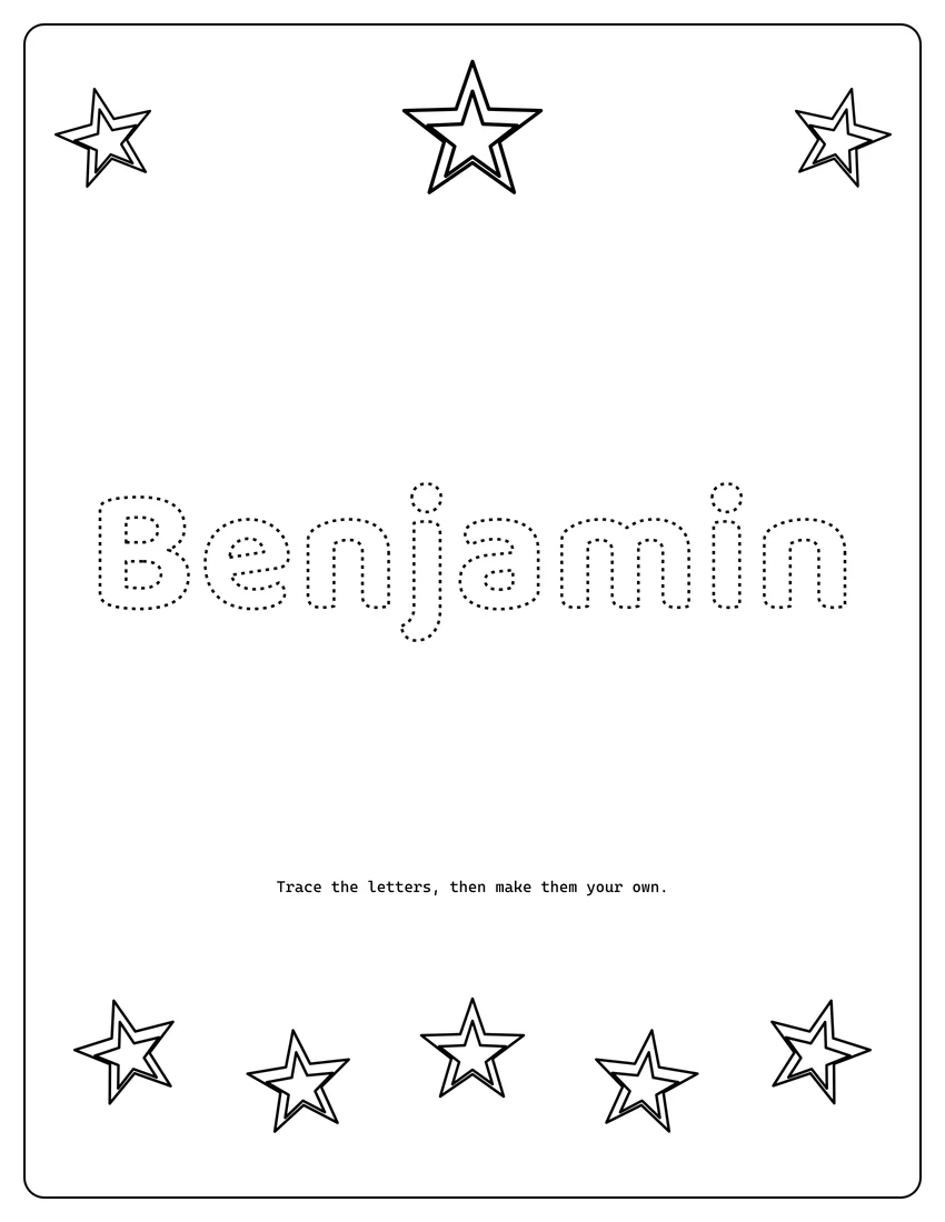Benjamin name coloring page with decorative name tracing and dashed letters