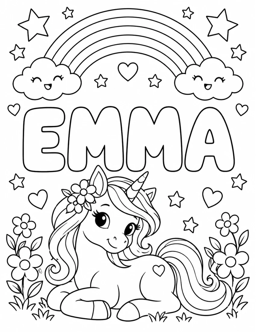 EMMA in hollow bubble letters with unicorn with a rainbow mane, flowers and stars