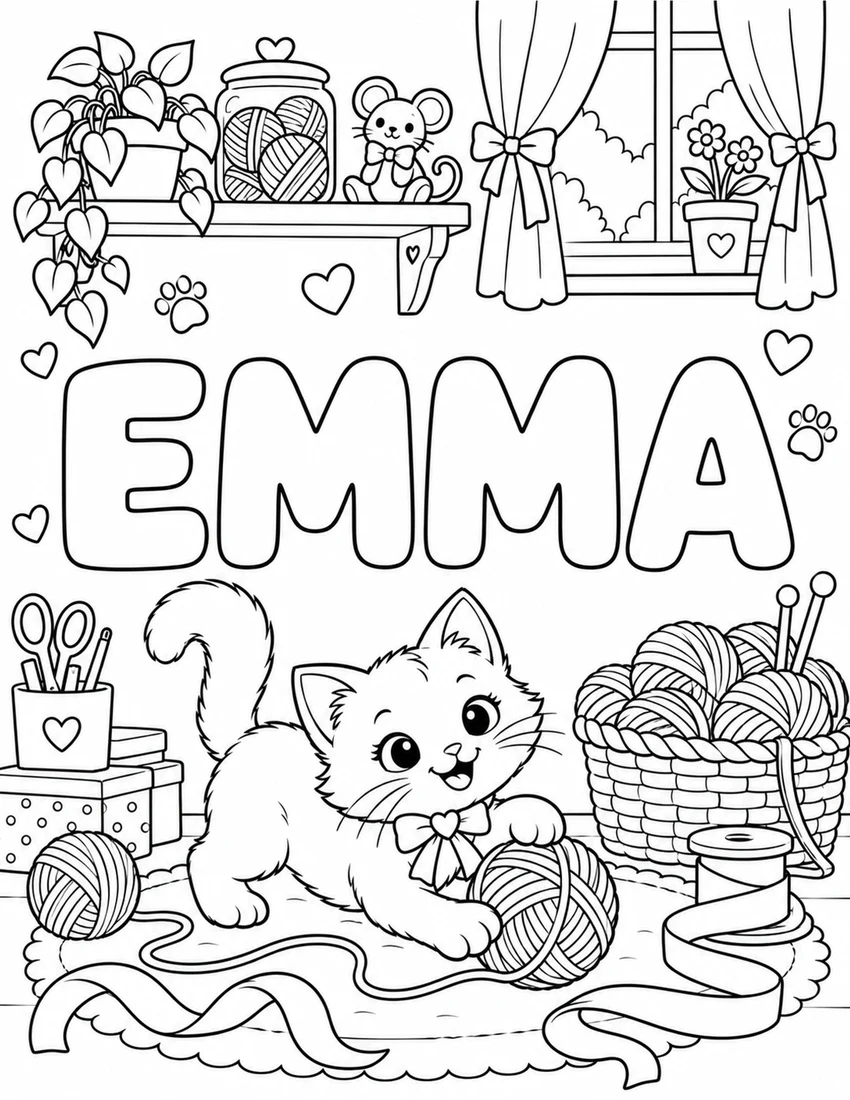 EMMA in hollow bubble letters with kitten in a cozy craft room with yarn and ribbons