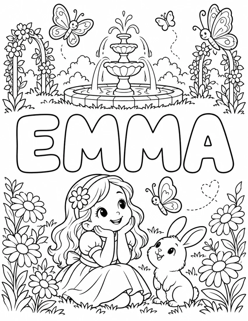 EMMA in hollow bubble letters with magical butterfly garden with a fountain and daisies