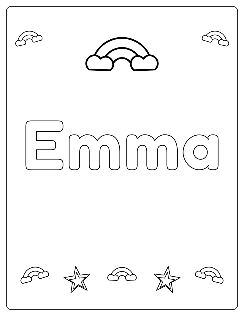 Emma name coloring page with rainbow bubble letters and open outlined letters