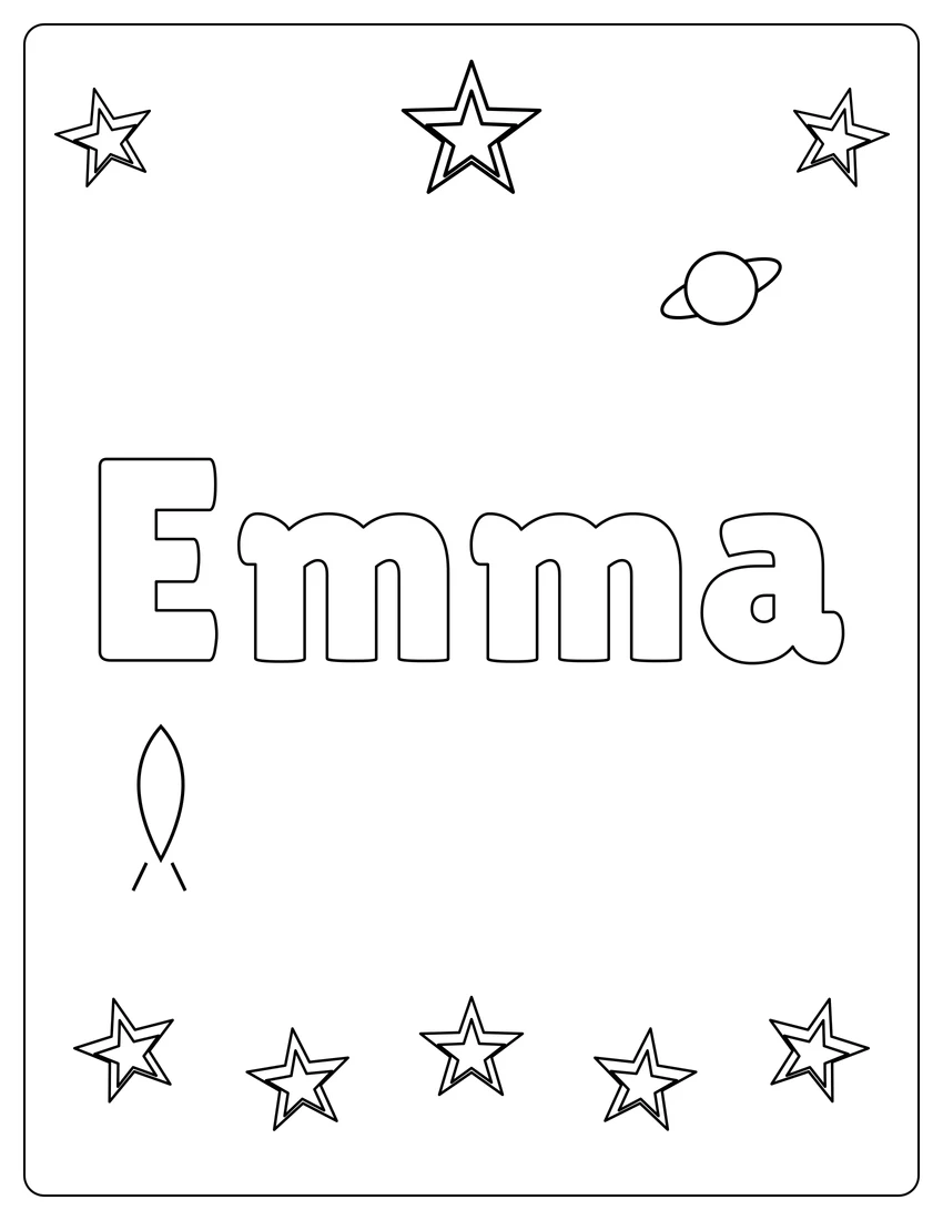 Emma name coloring page with space & planets and open outlined letters