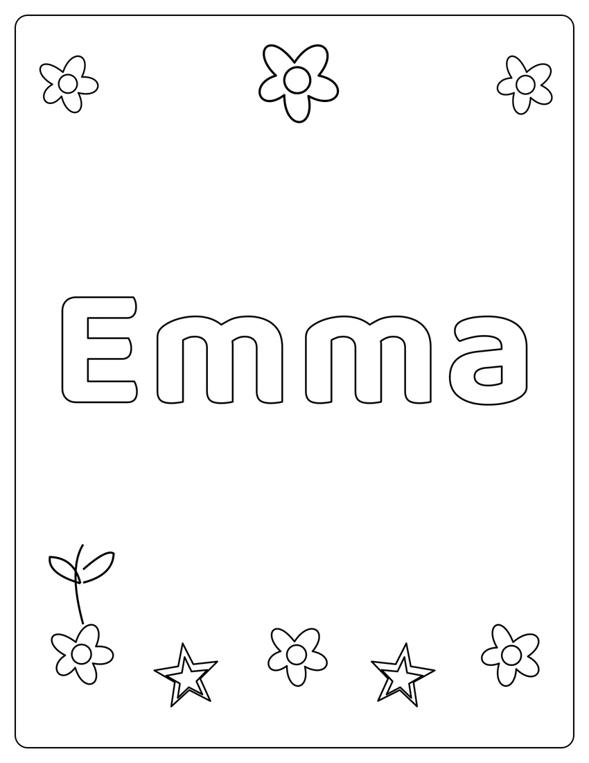 Emma name coloring page with flower garden and open outlined letters