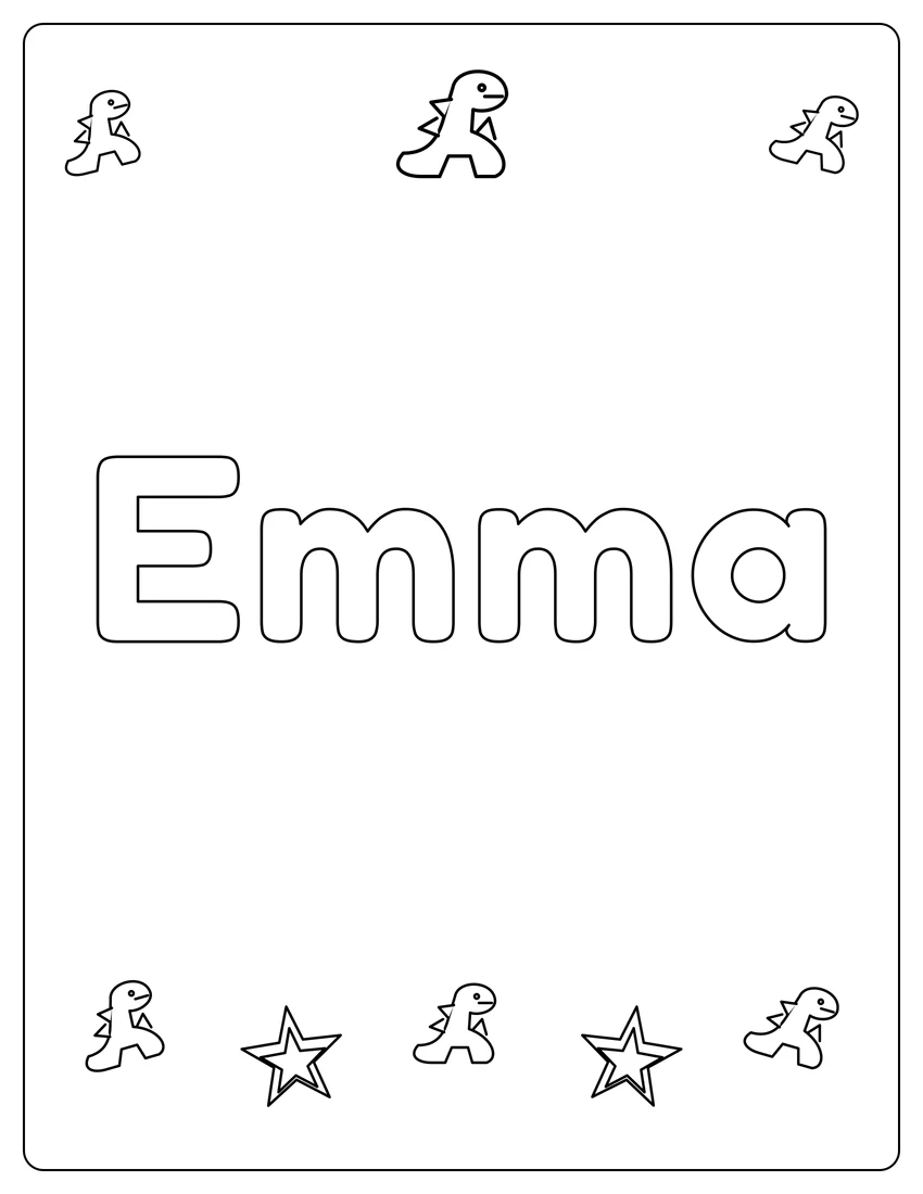 Emma name coloring page with dinosaur friends and open outlined letters