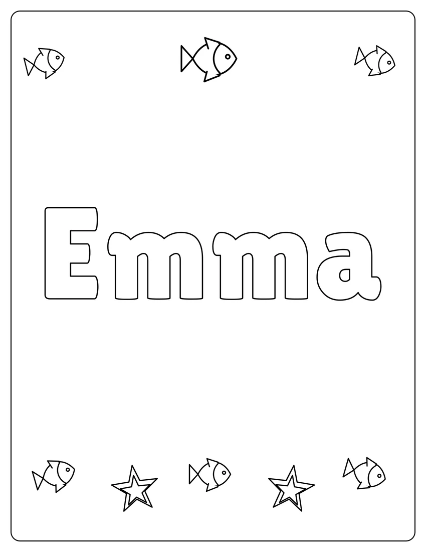Emma name coloring page with under the sea and open outlined letters