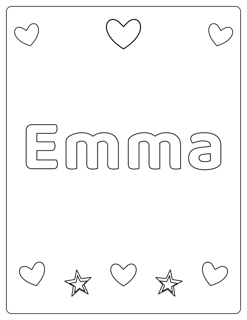 Emma name coloring page with hearts & love and open outlined letters