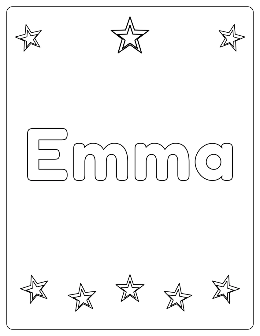 Emma name coloring page with superstar name and open outlined letters