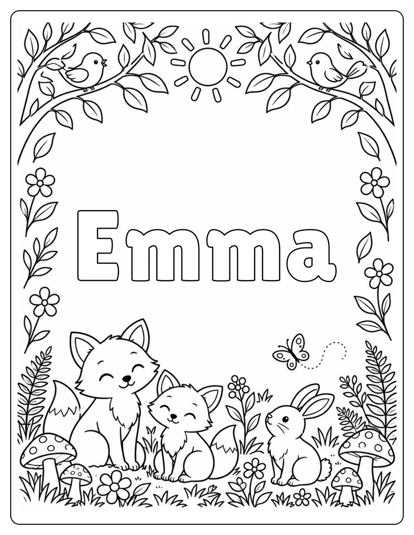 Emma name coloring page with woodland name and open outlined letters