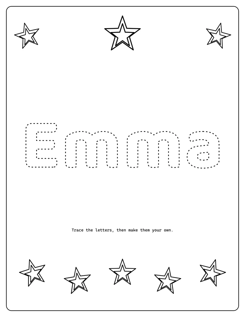 Emma name coloring page with decorative name tracing and dashed letters
