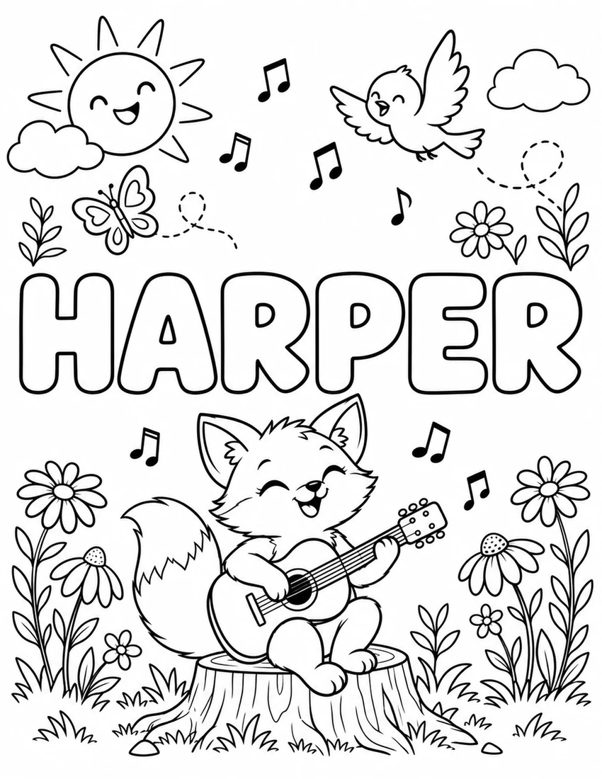 HARPER in hollow bubble letters with guitar-playing fox, musical notes and wildflowers