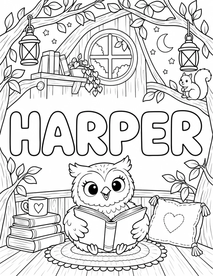 HARPER in hollow bubble letters with friendly owl in a tree house with books and lanterns