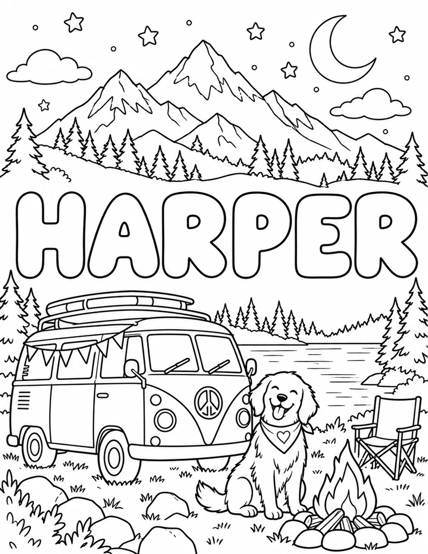 HARPER in hollow bubble letters with vintage camper van beneath mountains and a starry sky